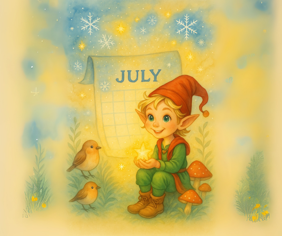 Happy Elf sitting by a calendar of July, to remind us that Christmas is for the whole year.