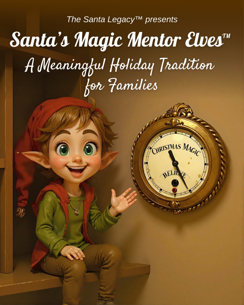 Santa’s Magic Mentor Elves™ — a meaningful Elf on the Shelf alternative for families, shown with the Christmas Magic Meter.