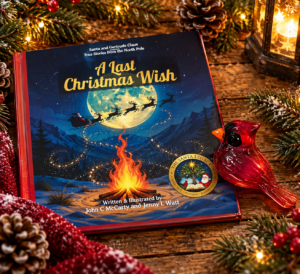A Last Christmas Wish hardcover Christmas storybook displayed with a handmade ruby-red cardinal keepsake ornament, surrounded by festive evergreen branches, pinecones, and warm Christmas decorations.