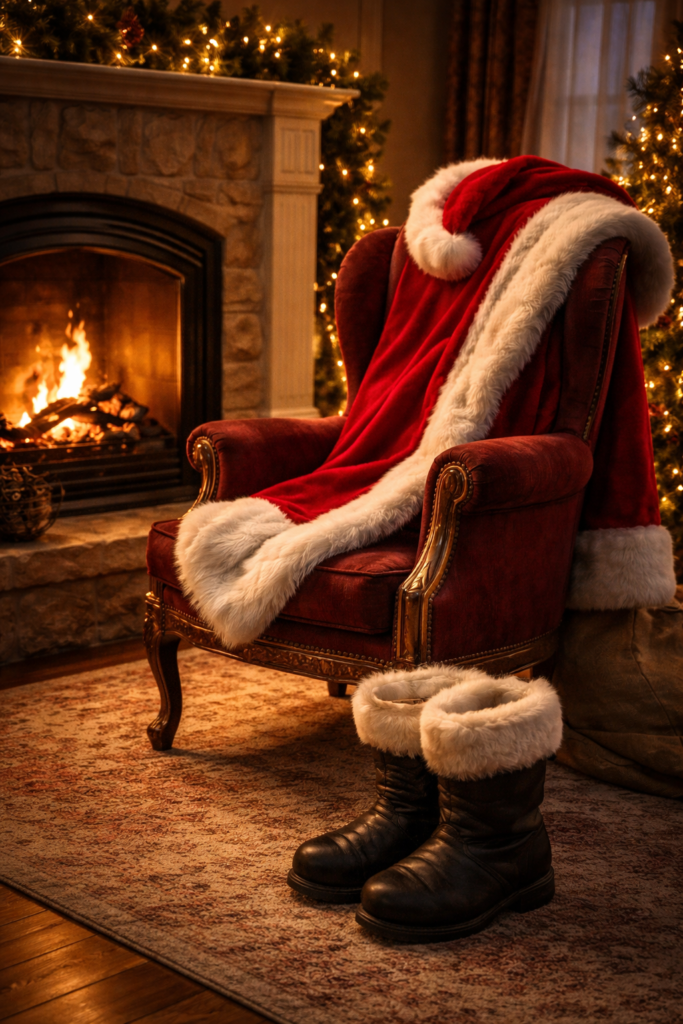 Santa’s red coat draped over an empty armchair beside a glowing fireplace, with Santa boots resting on the rug in front—an intimate, quiet scene suggesting rest, reflection, and the magic behind the suit.