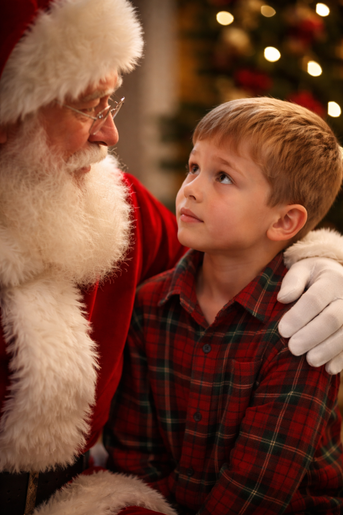Santa listening carefully to a child during a visit