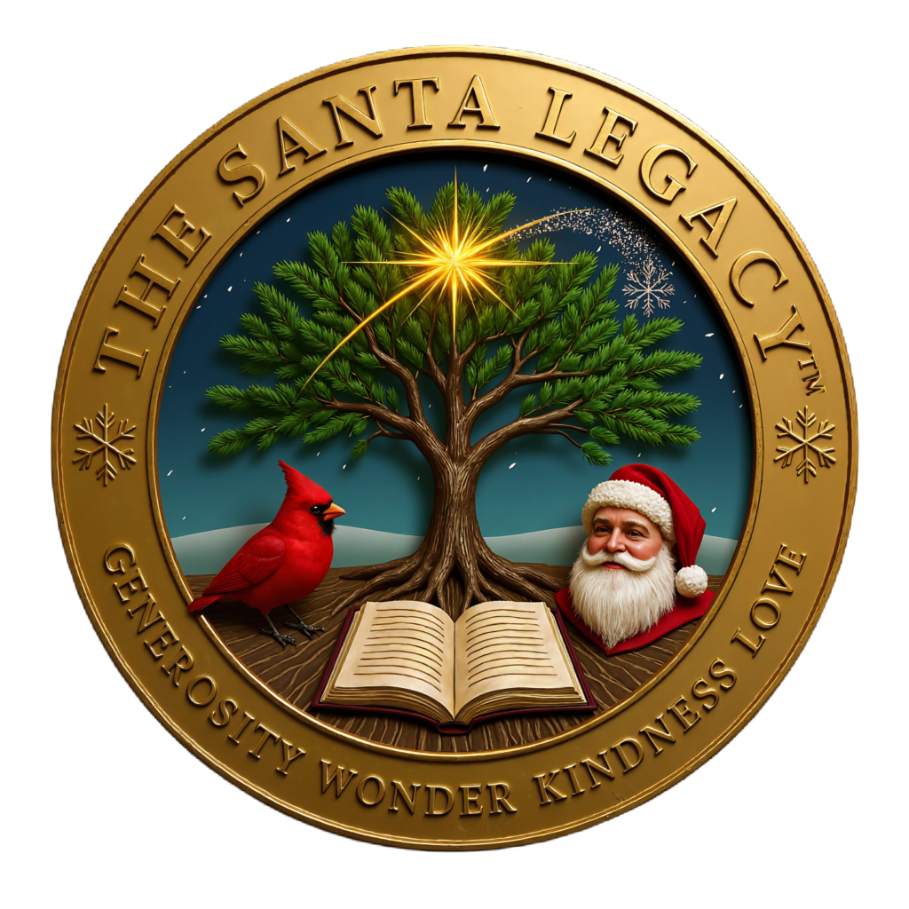 The Santa Legacy logo featuring a tree, cardinal, and open book, Generosity, Wonder, Kindness, Love