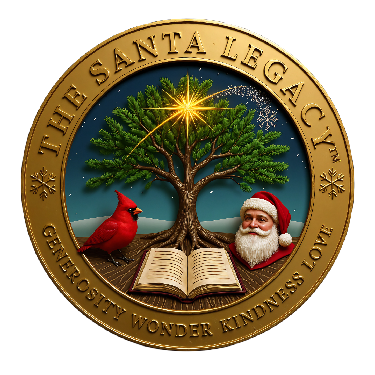 The Santa Legacy logo featuring a tree, cardinal, and open book, Generosity, Wonder, Kindness, Love