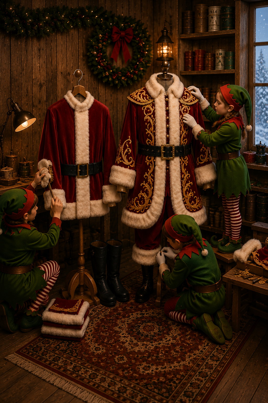 Cozy North Pole workshop scene featuring elves carefully tending two different Santa suits — one simple and one elaborate — symbolizing the journey of building your ideal Santa season through intentional choices, personal strengths, and different styles of Christmas Magic.