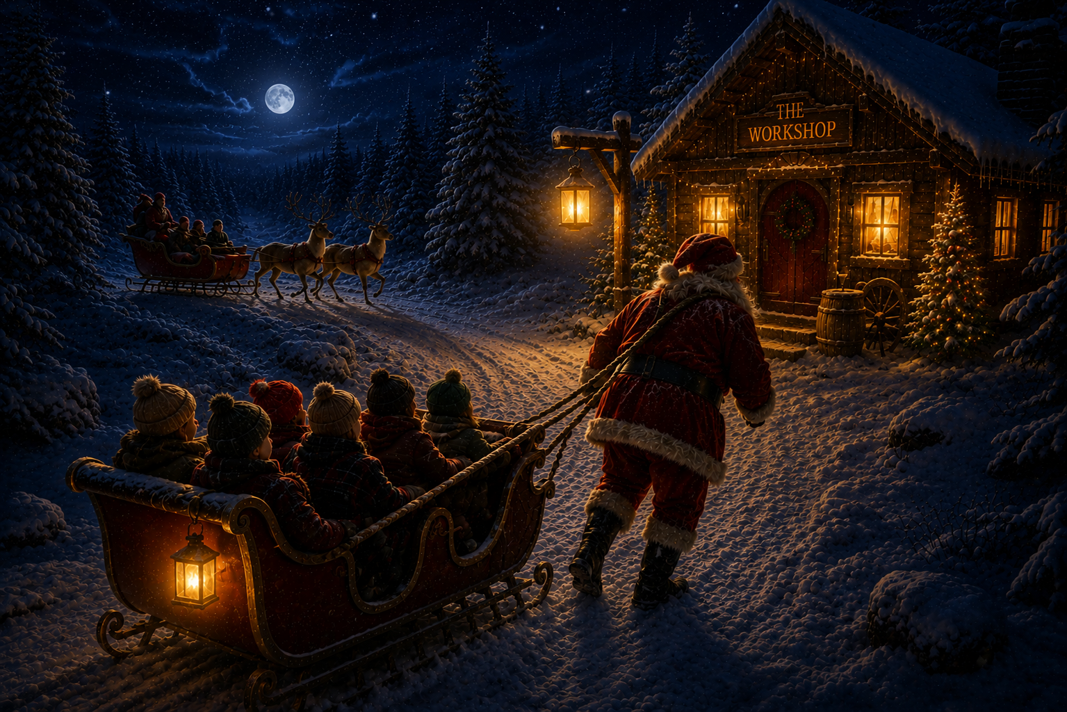 Marketing for Santa performers illustrated through a winter scene where Santa Claus struggles to pull a sleigh through deep snow toward a warmly lit North Pole workshop, while in the background another sleigh glides easily behind reindeer toward the glowing lantern beside the building, symbolizing different approaches to visibility and attracting the right families.
