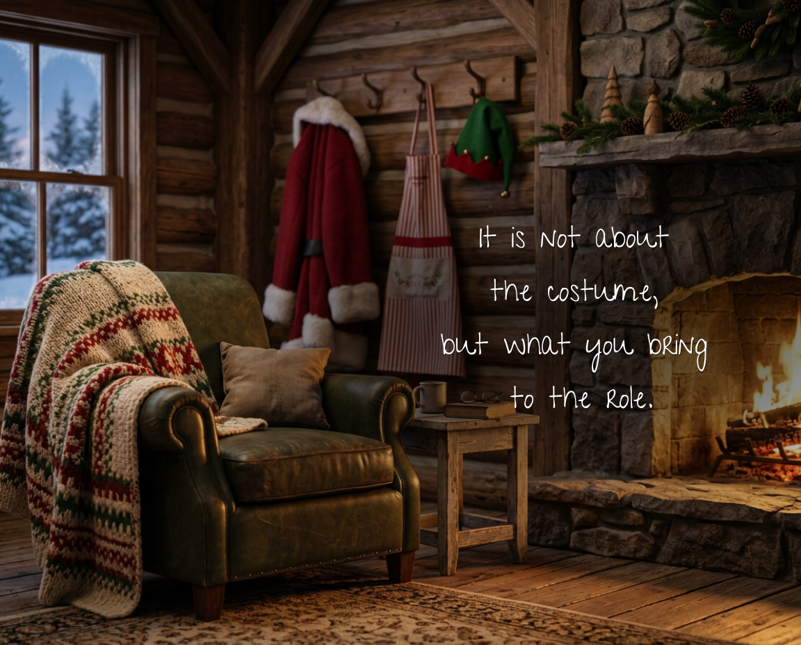 Authentic Christmas performer reflection scene with a Santa suit hanging beside a fireplace and cozy chair, symbolizing connection, presence, burnout, and the importance of authenticity in Christmas performance.