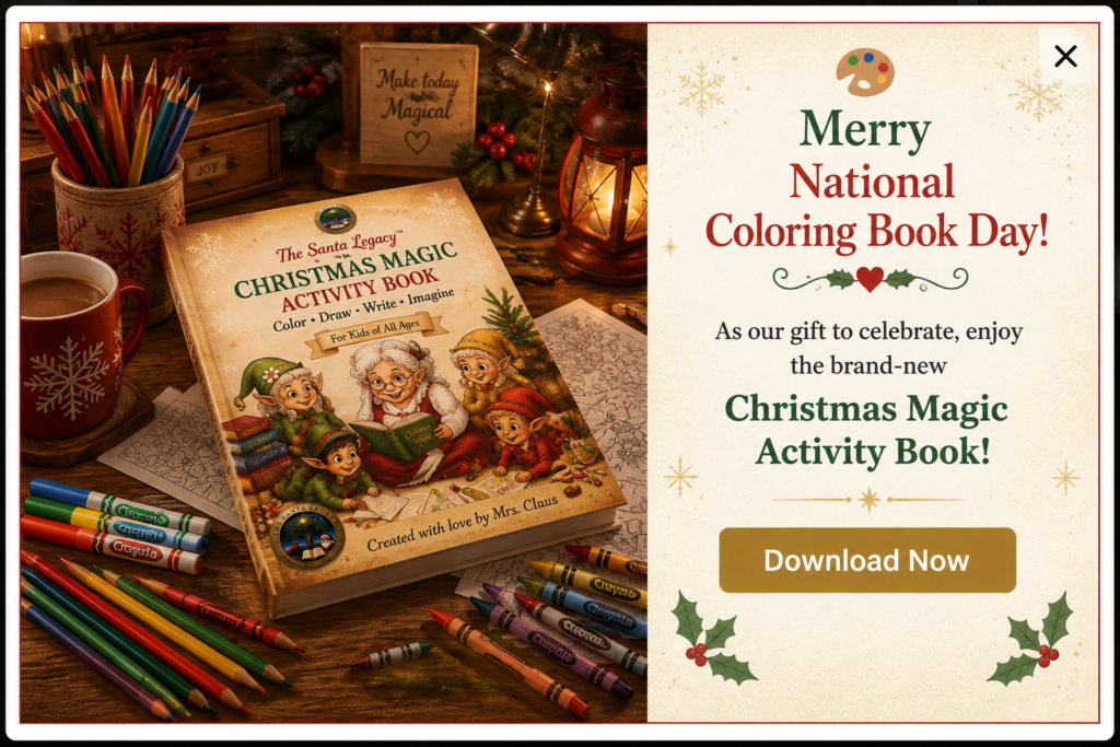 Happy National Coloring Book Day! Celebrate with a free Christmas Magic Activity Book from The Santa Legacy. The image shows the activity book on Mrs. Claus's cozy desk surrounded by crayons, colored pencils, markers, and coloring pages. Use the Download Now button to get your free copy.