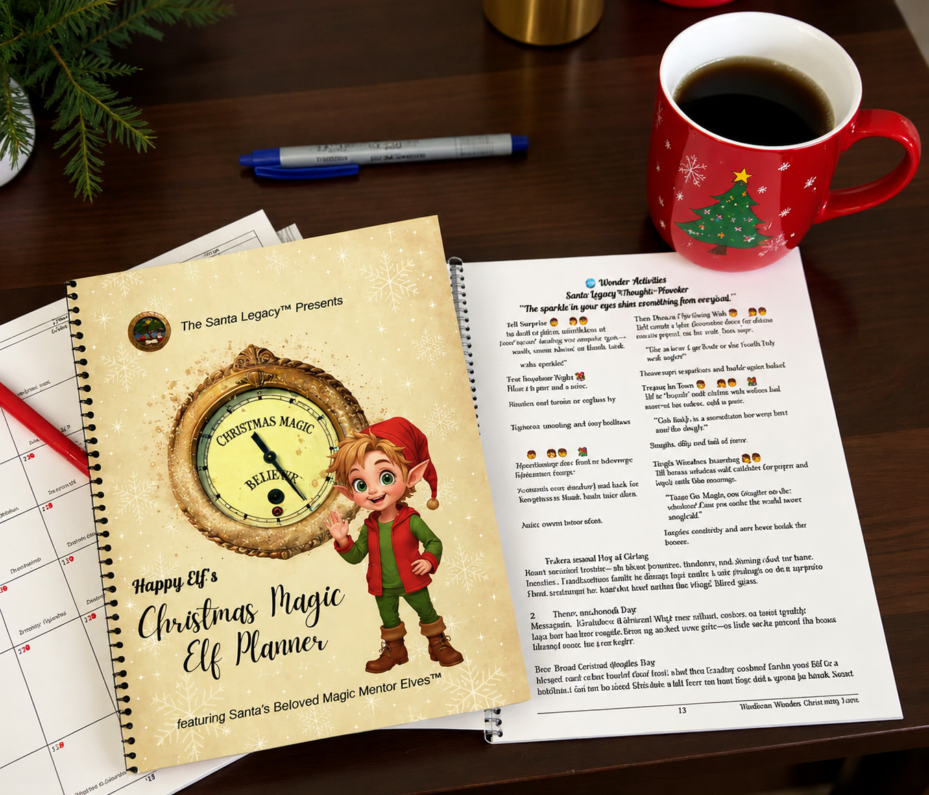 Christmas Magic Elf Planner open on a table with a calendar and coffee