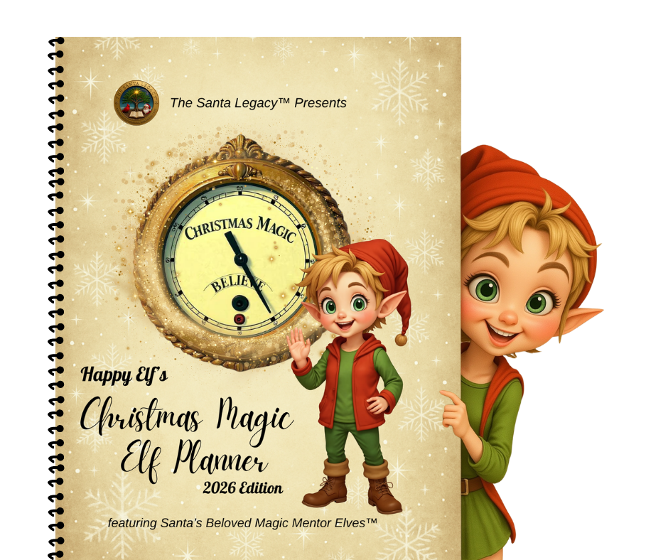 Happy Elf holding the Christmas Magic Elf Planner