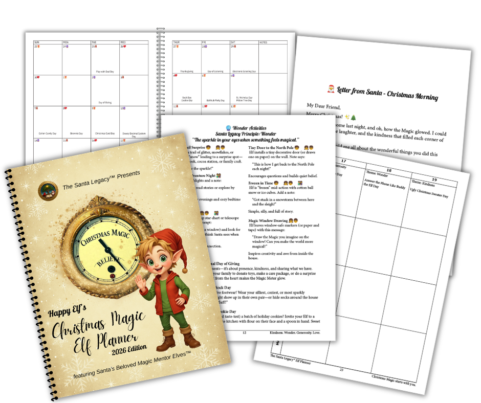 Peek inside the Christmas Elf Planner with calendar pages, Christmas Magic activities, letters from Santa, and memory-making pages.