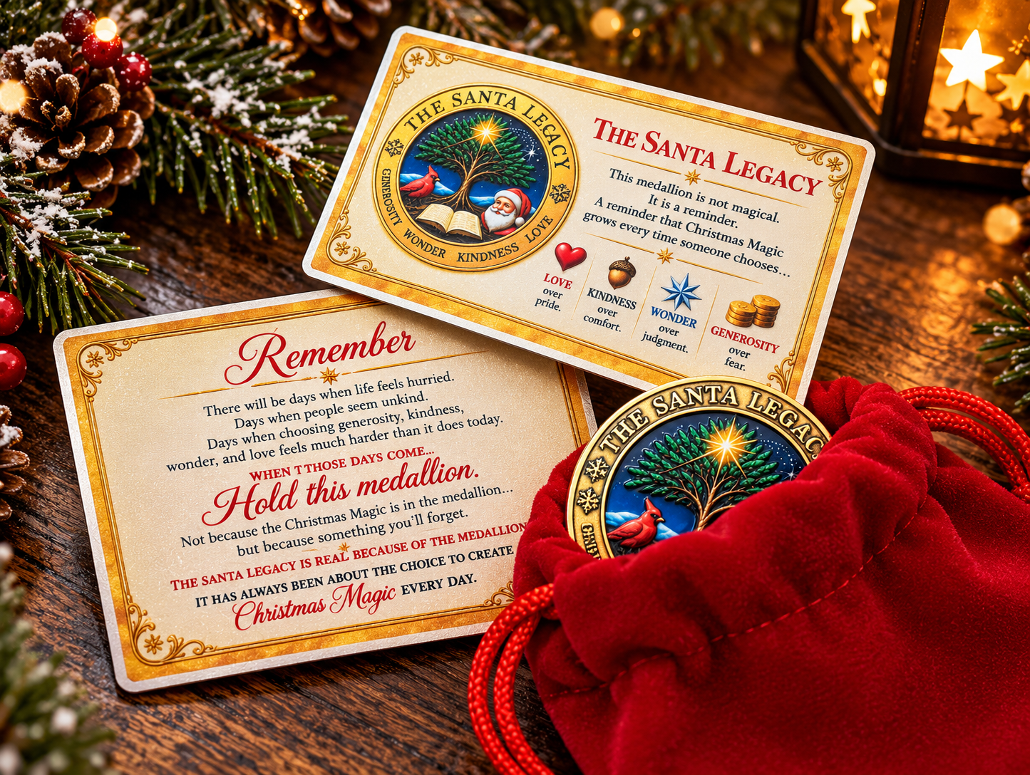 The Santa Legacy collectible metal wallet card shown front and back alongside a gold Christmas medallion in a red velvet pouch, arranged on a rustic wooden table with evergreen branches, pinecones, and warm Christmas lights.