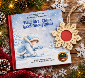 Why Mrs. Claus Loves Snowflakes hardcover Christmas storybook displayed with an unfinished wooden snowflake ornament for children to decorate, creating a meaningful Christmas gift set celebrating kindness, individuality, and Christmas Magic.